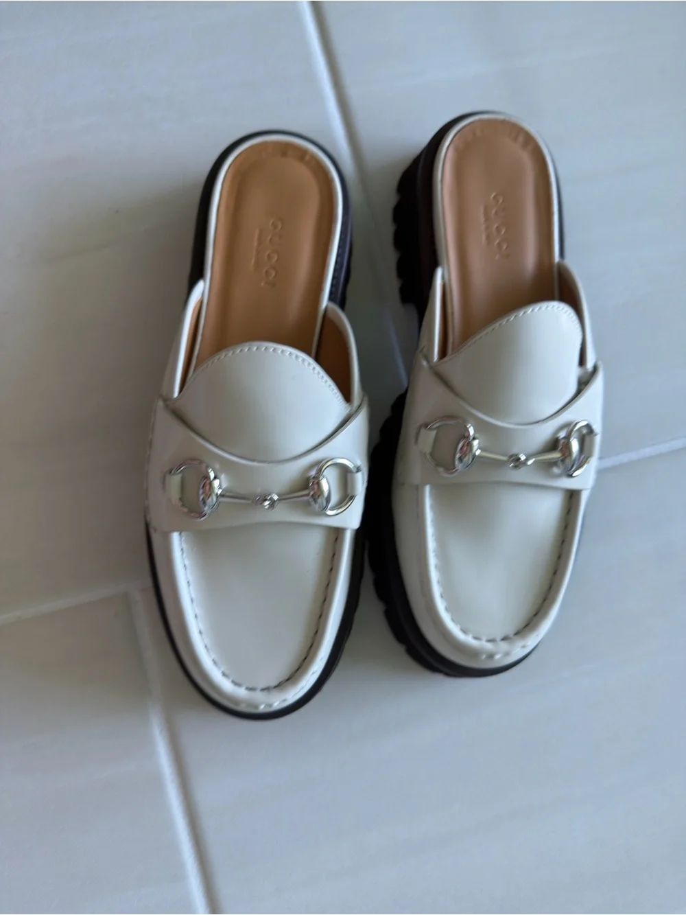 Gucci Cream Leather Horsebit Backless Loafers